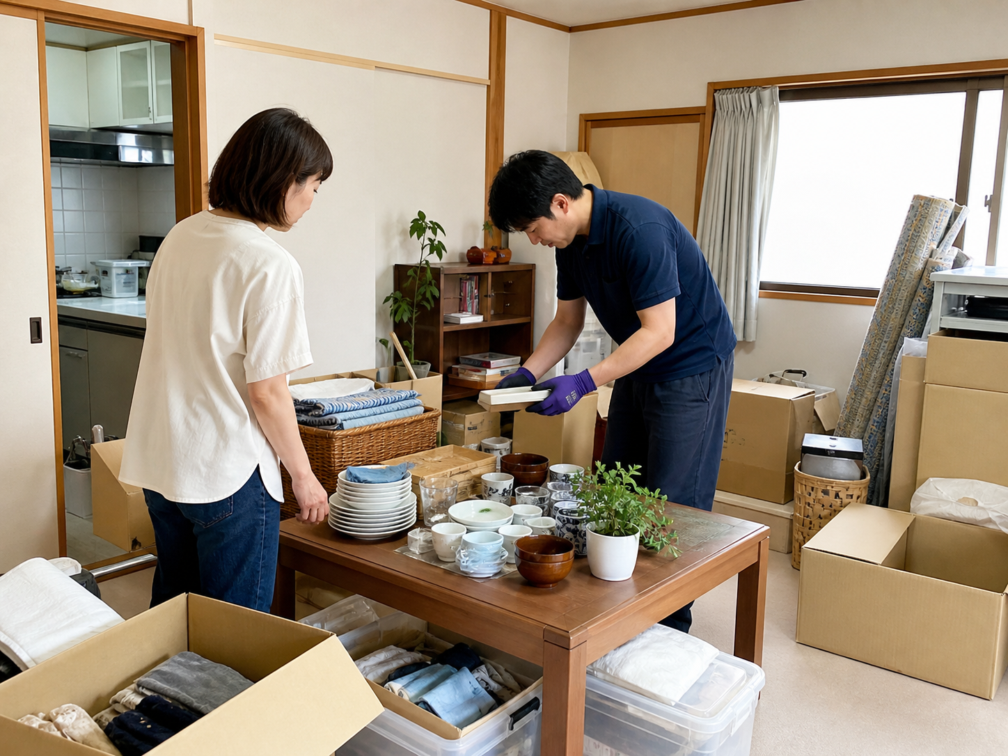 室内で荷物を仕分けしている様子