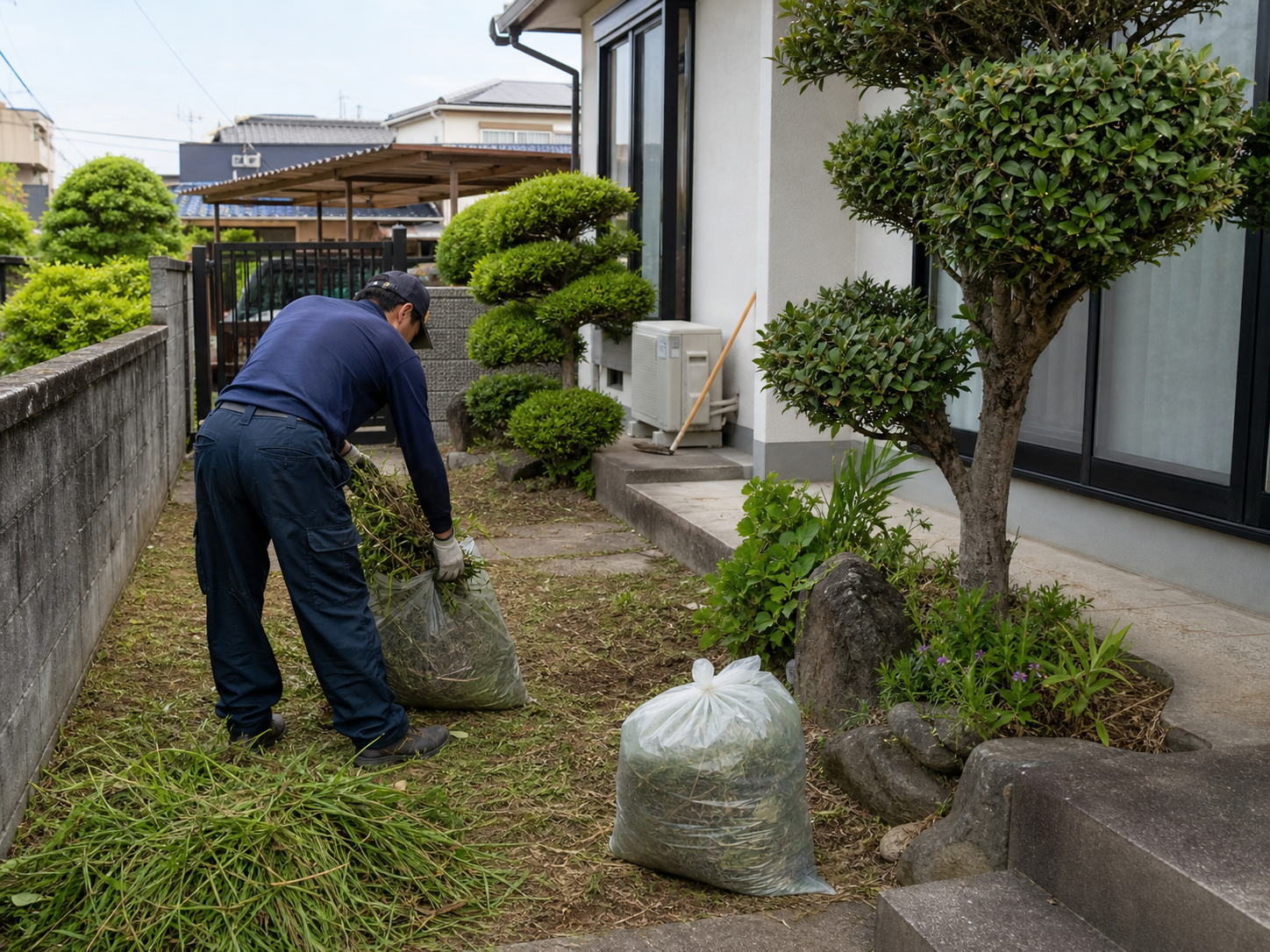 庭まわりの草刈り作業をしている様子